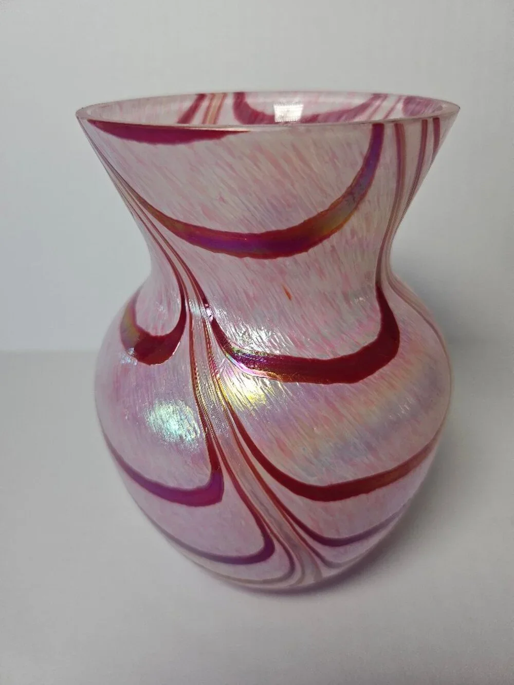 VTG Teleflora Pink Swirl Iridescent Art Glass Vase 5.5 